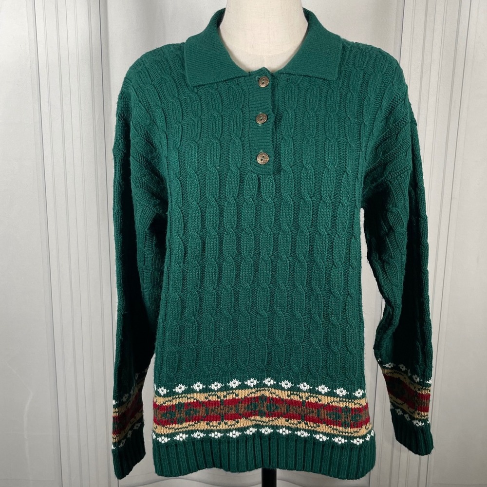 Vintage 90s Cricket‎ Lane Cable Knit Polo Sweater w/ Fair Isle Trim (Women's S)